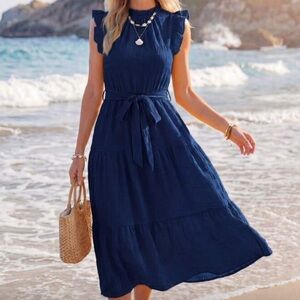 Women's Navy Sleeveless Tie-Waist Dress